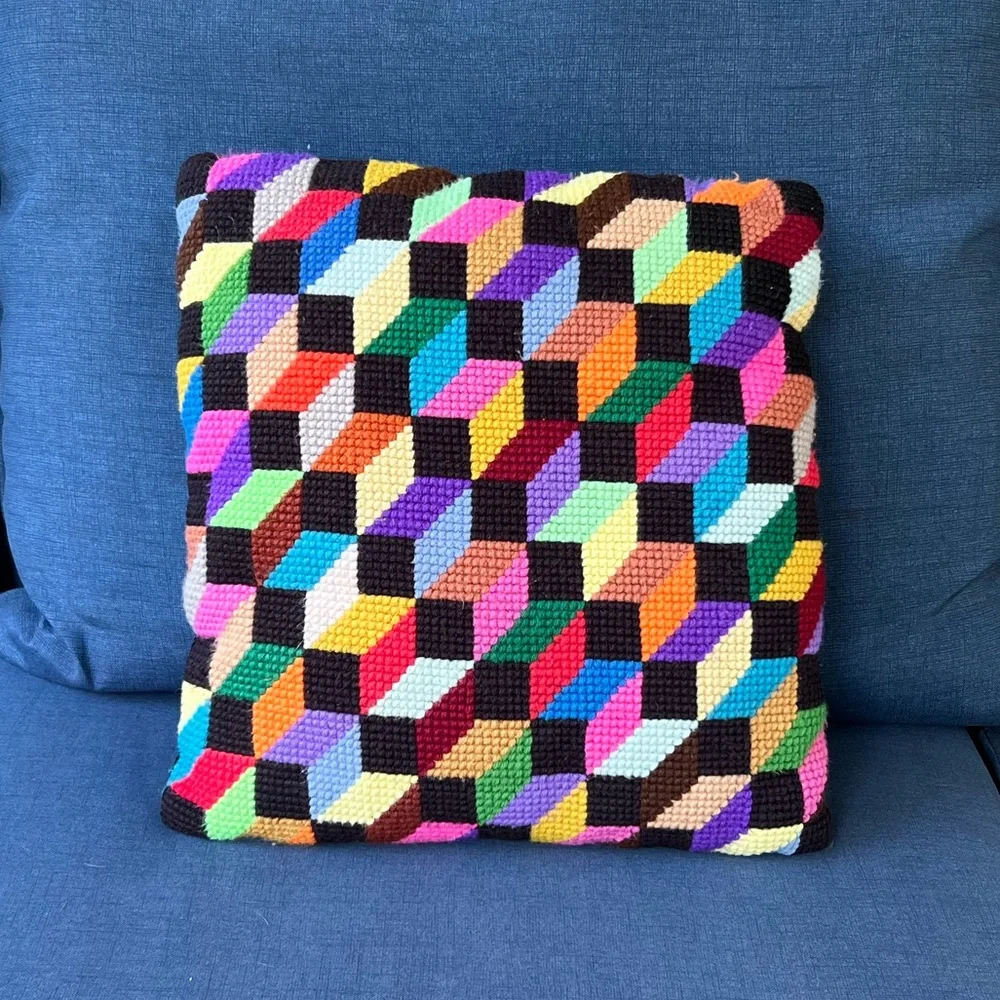 Vintage Rainbow Knit Geometric Patterned Black Velvet-Backed Throw Pillow - Picture 1 of 3